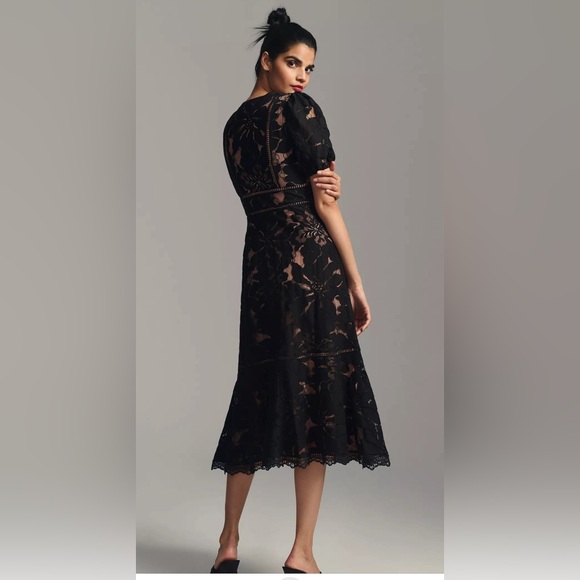 Anthropologie Ophelia Midi Dress Black Lace Puff Sleeve V Neck Button Front - Picture 4 of 16